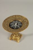 A RARE 19TH CENTURY FRENCH GILT BRONZE TAZZA, with a central enamel plaque with a portrait of an