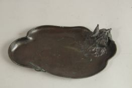 A SIGNED JAPANESE BRONZE TRAY, the corner with an okimono of a bird on a leaf, signed to base,