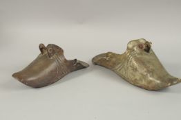 TWO CHINESE BRASS SHOE SHAPED STIRRUPS, (2).