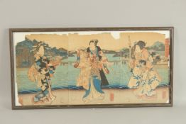 AN ORIGINAL JAPANESE WOODBLOCK PRINT (TRIPTYCH), framed and glazed together, 38cm x 36cm overall.