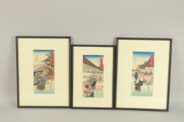 THREE JAPANESE WOODBLOCK PRINTS, each framed and glazed, (3).