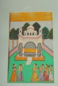 A FINE INDIAN MINIATURE PAINTING OF PALACE SCENE WITH FIGURES, 28cm x 17cm.