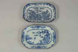 TWO CHINESE BLUE AND WHITE PORCELAIN SQUARE FORM DISHES, (af), largest 26.5cm x 17.5cm.