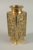 A HEAVY CHINESE GILT BRONZE SQUARE-FORM VASE, with chased panels of cranes and characters, the