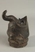 AN 18TH CENTURY SOUTH INDIAN BRONZE ELEPHANT SHAPED PALANQUIN FINIAL, 20cm long.