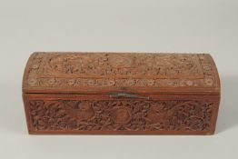 A VERY FINE THAI OR INDIAN CARVED WOOD RECTANGULAR BOX, with mythical creatures and fine foliate