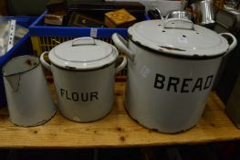 Large enamel bread bin, similar flour bin and a jug.