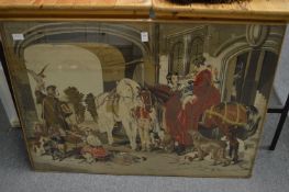 An embroidered picture of figures and horses.