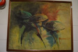 Two decorative oil paintings, one depicting three figures the other unsaddling the horses in an