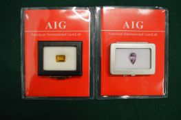 A pear shaped amethyst and a cushion cut citrine with certificates.