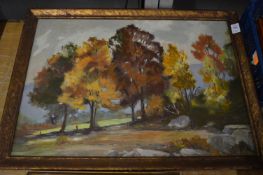 Rural wooded landscape, oil on board together with a picture of a horse and jockey.