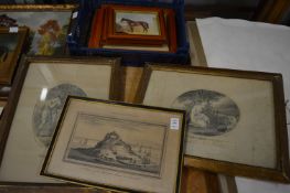 An engraving of St Michaels Mount, Cornwall together with a pair of other engravings and a group