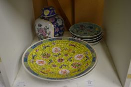 A pair of modern Chinese famille jaune dishes and other items.