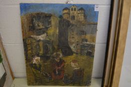 Three figures seated outside buildings, oil on board, unframed.