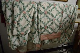 A pair of floral decorated curtains, lined approx size 140cm wide x 200cm long together with other