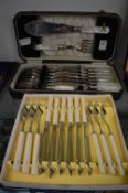 A cased set of silver plate and mother of pearl handled fish knives and forks with servers