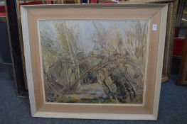 Rural landscape with wading bird and rushes, oil on canvas.