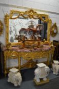 A large and impressive gilt wood and marble top console table with matching mirror, overall size