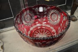 A large Bohemian cut glass and ruby tinted bowl (small rim chip).