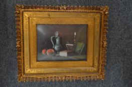 Still lives of books and a vase on a table together with its companion piece, oil on board, in