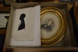 A group of silhouettes dated 1928, various engravings and a good leather bound album.