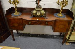 George III mahogany serving table with galleried back, central bow fronted drawer, flanked by