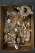 A silver hot water jug, silver sauce boat, various silver flatware etc.