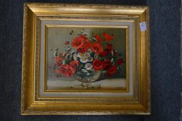 Russian School, Poppies in a glass vase, oil on canvas in a decorative gilt frame.