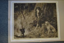 Herbert Dicksee, a young lady and her canine companion seated around a fire, etching, pencil signed,