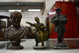 A bronze bust, spelter figure of a man carrying geese and another figure.