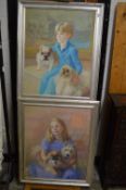 A pair of portraits depicting a young boy and young girl, both holding dogs, oil on canvas.