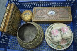 An Indian lacquer box with enamel decoration together with other Eastern items of metalware etc.