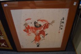 Japanese School, portrait of a warrior with sword held aloft together with a colour print