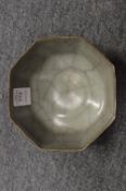 A Chinese octagonal shaped crackle glazed celadon dish.