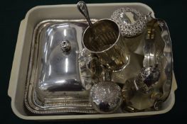 A collection of silver and plated items to include a small oval twin handled tray, Christening