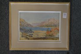 Mountainous landscape with a lake, watercolour, initialled L S.