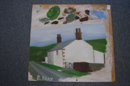 Rural landscape with a white wash building, oil on board, unframed.