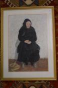 Portrait of an elderly lady wearing a black coat seated on a chair together with another portrait of