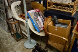 A small fire side chair, 1960's cone chair, wicker chair and other items.
