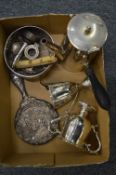 A group of silver items to include a coffee pot, twin handled cup, cream jug etc.