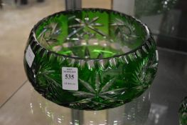 Bohemian green tinted cut glass circular bowl (base crack).