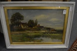 E Walbourne, Chingford, rural scene with ducks by a pond, figures by a country cottage, oil on