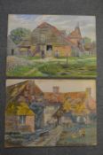 W H Knewstub, a pair of scenes of figures by country buildings, watercolour on paper, laid down,