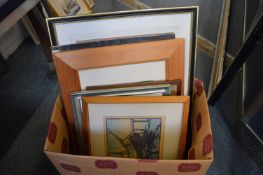 A lino cut of boats in a harbour and various other pictures.