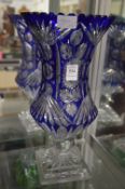 Large Bohemian cut glass and blue tinted pedestal vase (small rim chips).