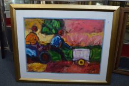 Tendai Nahvira, a scene of figures on vehicles in an African landscape, acrylic on board.