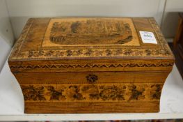 A good Tunbridge ware tea caddy depicting Hever Castle.