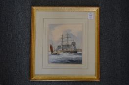 Sailing ship at sea, watercolour together with other watercolours depicting nautical subjects.