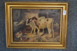 After Edgar Hunt, calves and chickens in a barn, print on canvas.