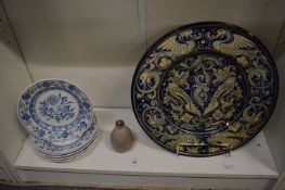 Onion pattern plates, small studio pottery bottle vase and Continental charger.